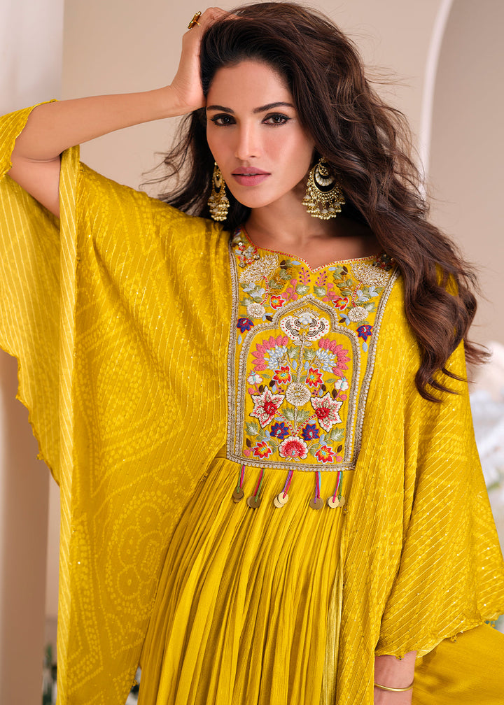 Aureolin Yellow Chinon Silk Gown with Hand Embroidery and Stylish Digital Sleeves