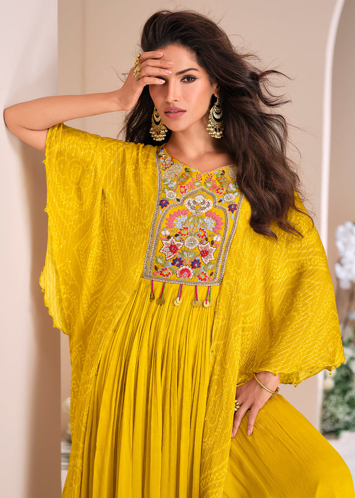 Aureolin Yellow Chinon Silk Gown with Hand Embroidery and Stylish Digital Sleeves