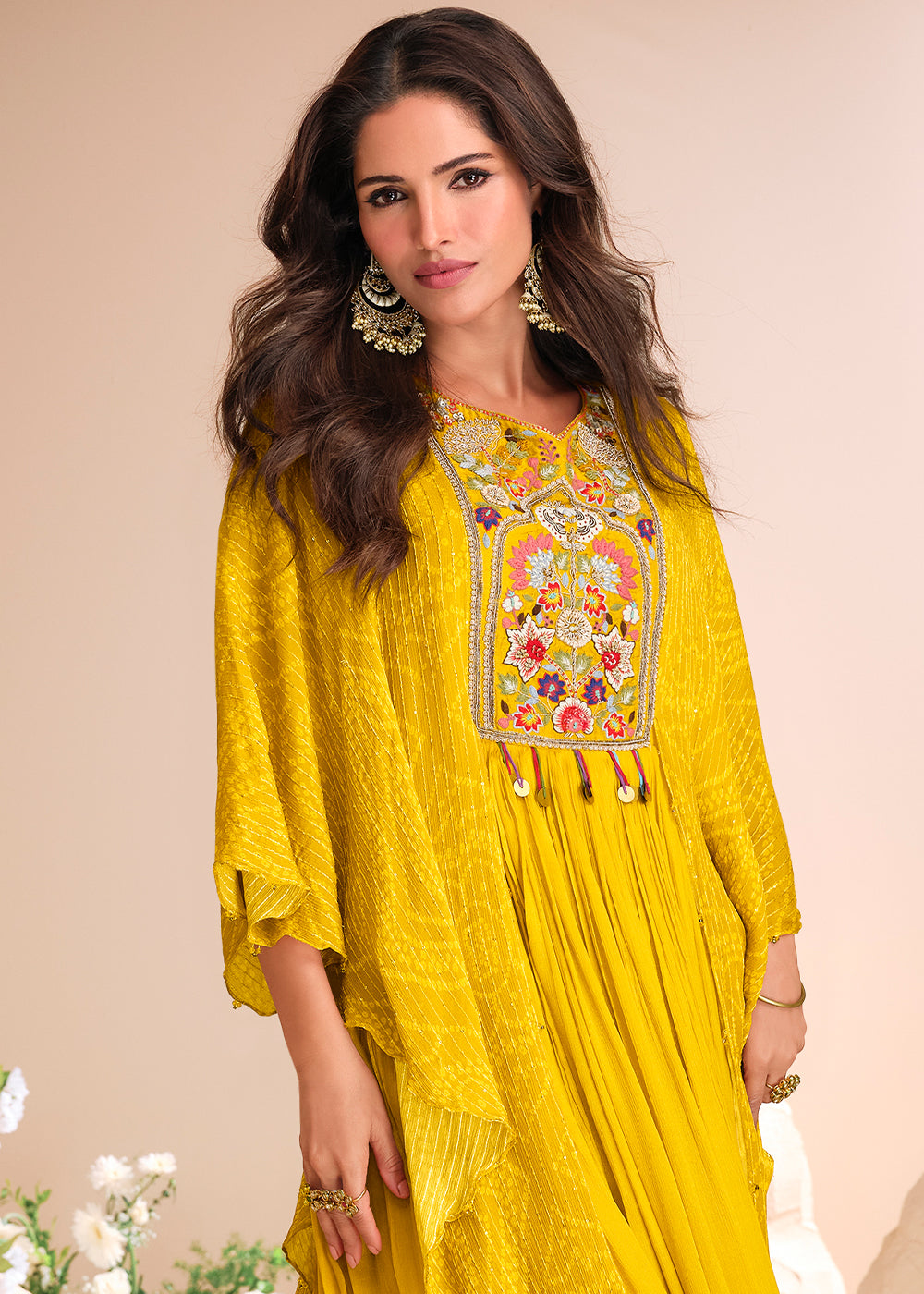 Aureolin Yellow Chinon Silk Gown with Hand Embroidery and Stylish Digital Sleeves