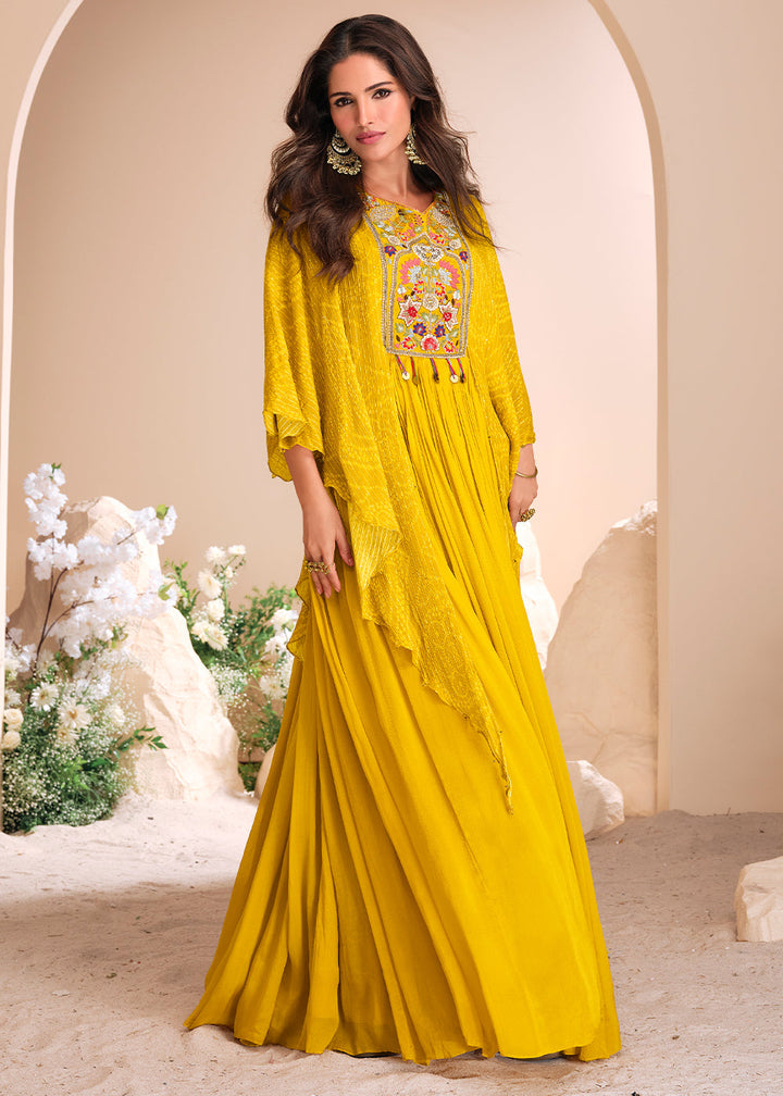 Aureolin Yellow Chinon Silk Gown with Hand Embroidery and Stylish Digital Sleeves