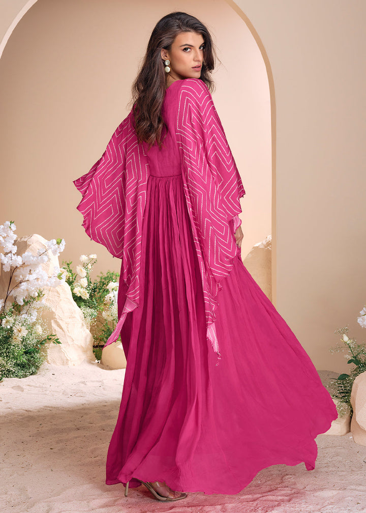 Hot Pink Chinon Silk Gown with Hand Embroidery and Stylish Digital Sleeves