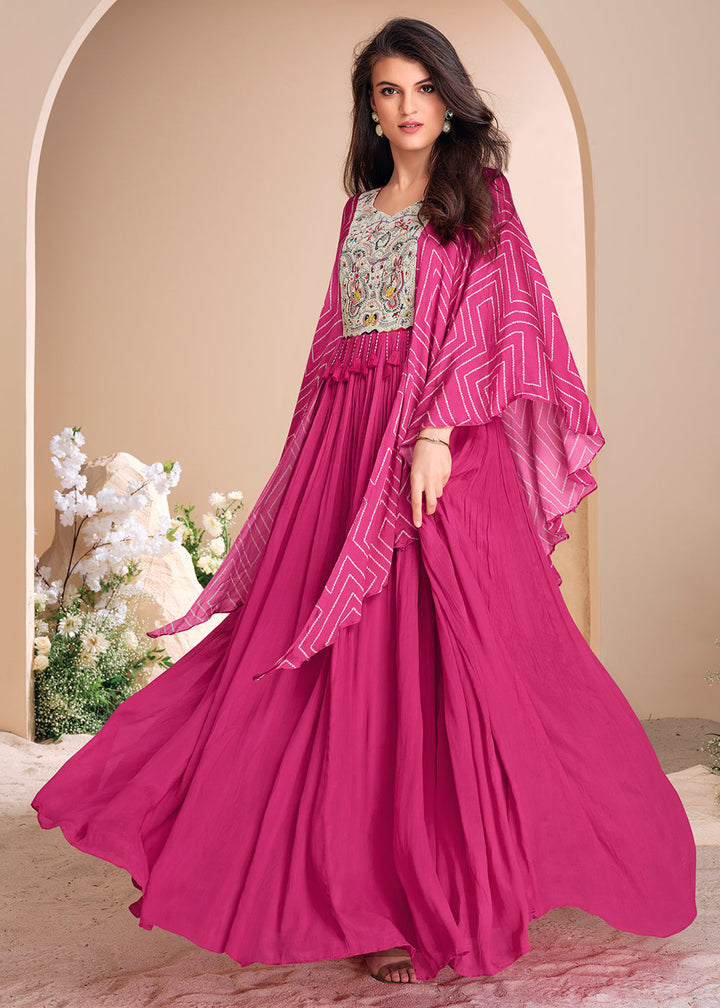 Hot Pink Chinon Silk Gown with Hand Embroidery and Stylish Digital Sleeves