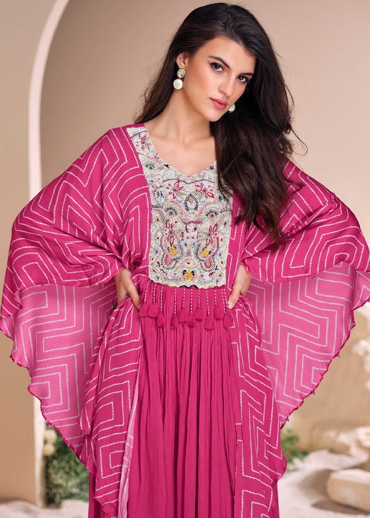 Hot Pink Chinon Silk Gown with Hand Embroidery and Stylish Digital Sleeves