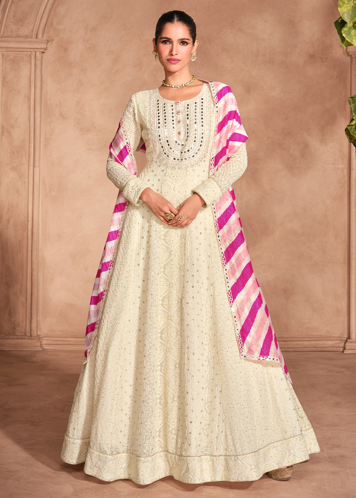 Off White Anarkali Gown with Intricate Chikankari Embroidery on Georgette Fabric