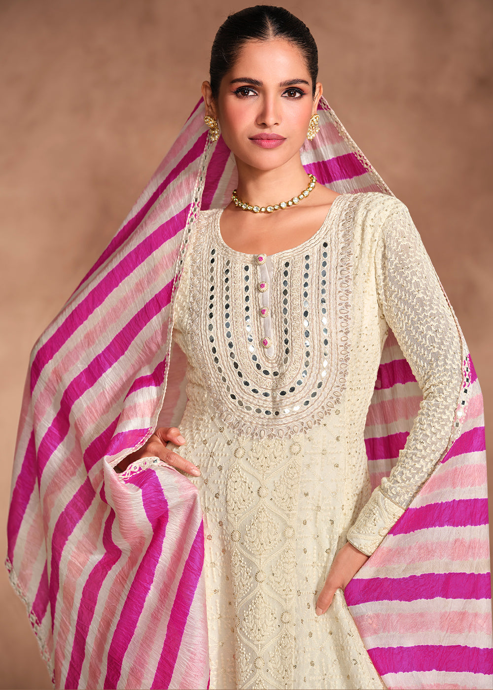 Off White Anarkali Gown with Intricate Chikankari Embroidery on Georgette Fabric