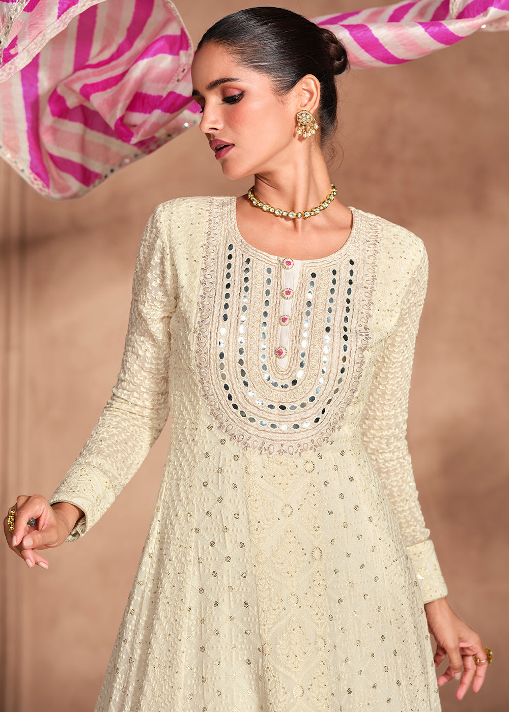 Off White Anarkali Gown with Intricate Chikankari Embroidery on Georgette Fabric