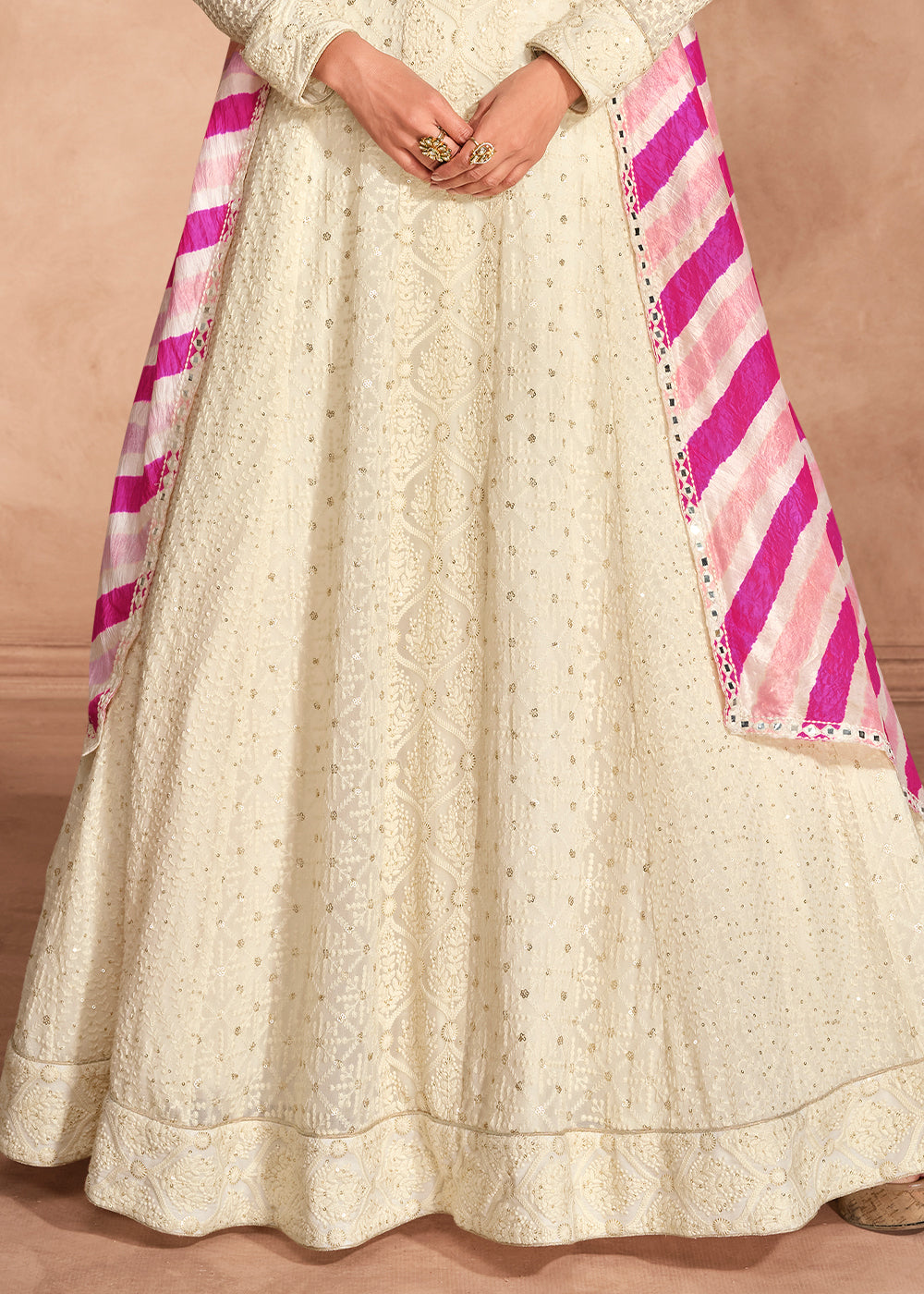 Off White Anarkali Gown with Intricate Chikankari Embroidery on Georgette Fabric