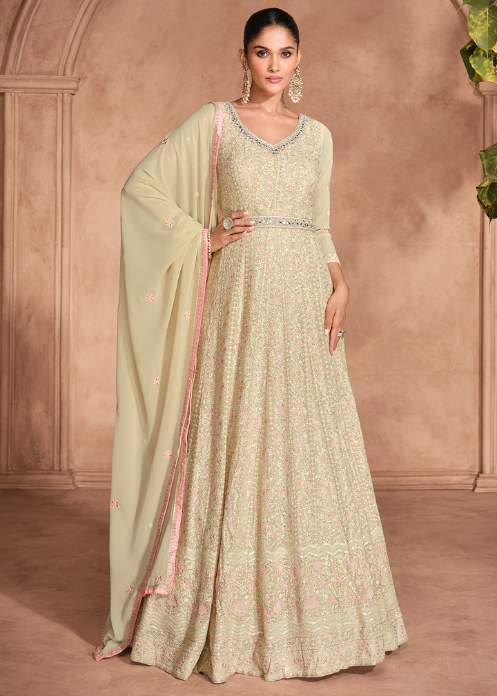 Cream White Anarkali Gown with Intricate Chikankari Embroidery on Georgette Fabric