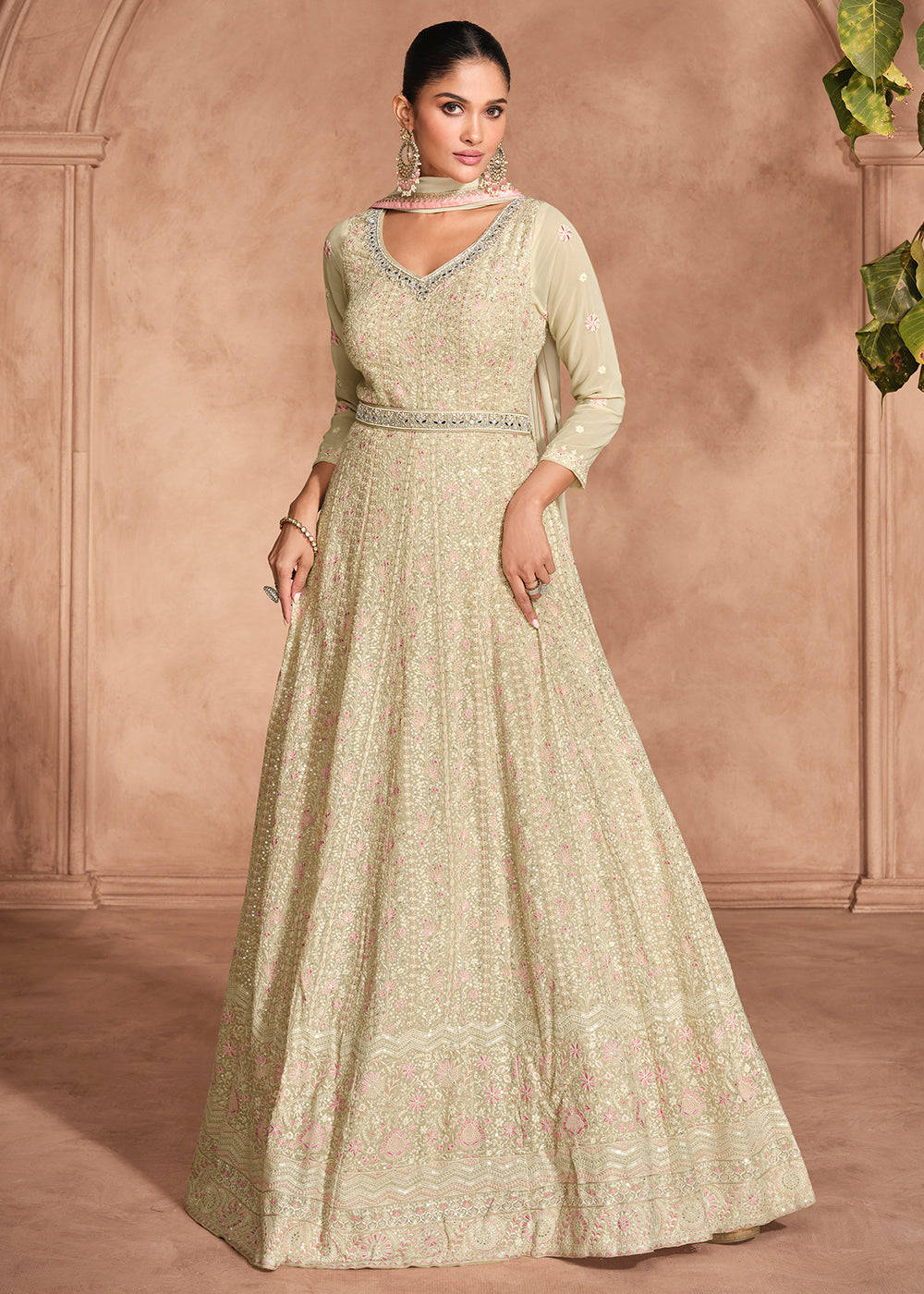 Cream White Anarkali Gown with Intricate Chikankari Embroidery on Georgette Fabric