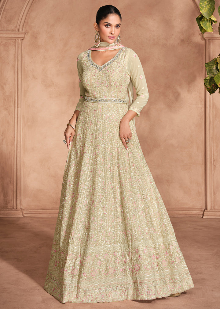 Cream White Anarkali Gown with Intricate Chikankari Embroidery on Georgette Fabric