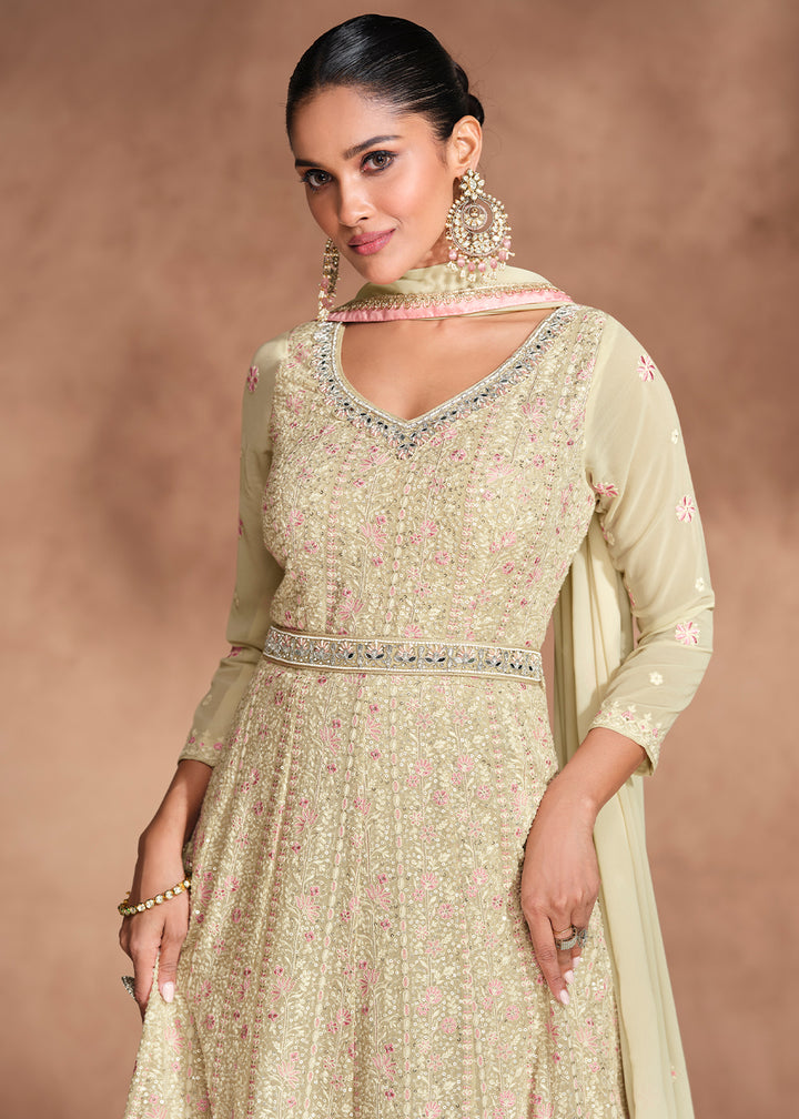 Cream White Anarkali Gown with Intricate Chikankari Embroidery on Georgette Fabric