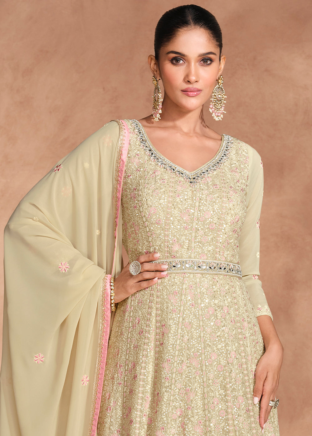 Cream White Anarkali Gown with Intricate Chikankari Embroidery on Georgette Fabric