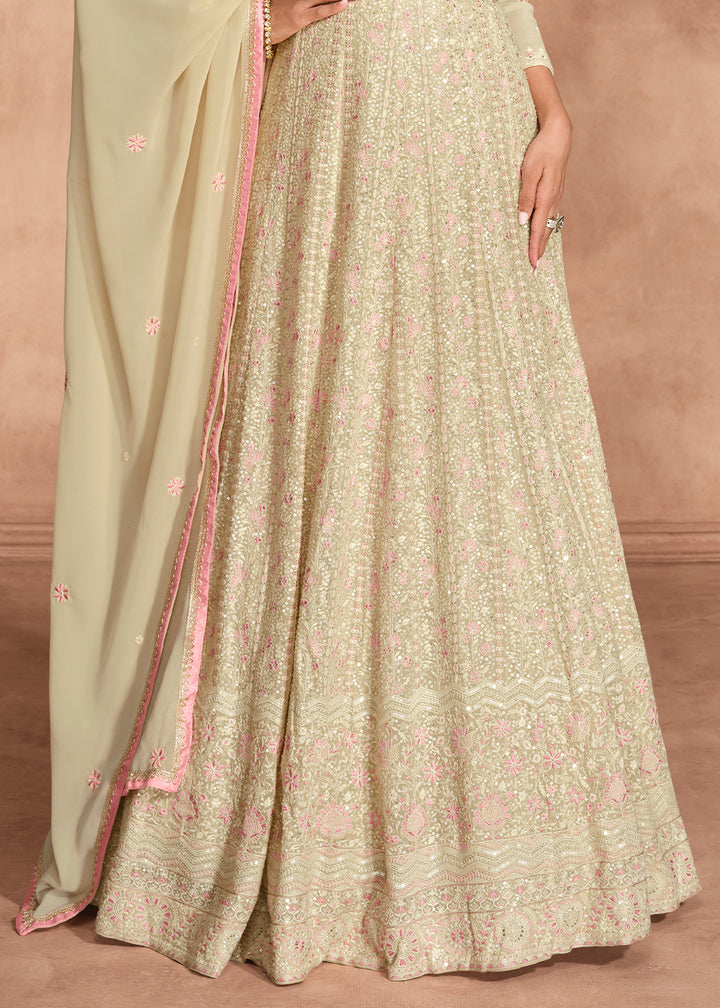 Cream White Anarkali Gown with Intricate Chikankari Embroidery on Georgette Fabric