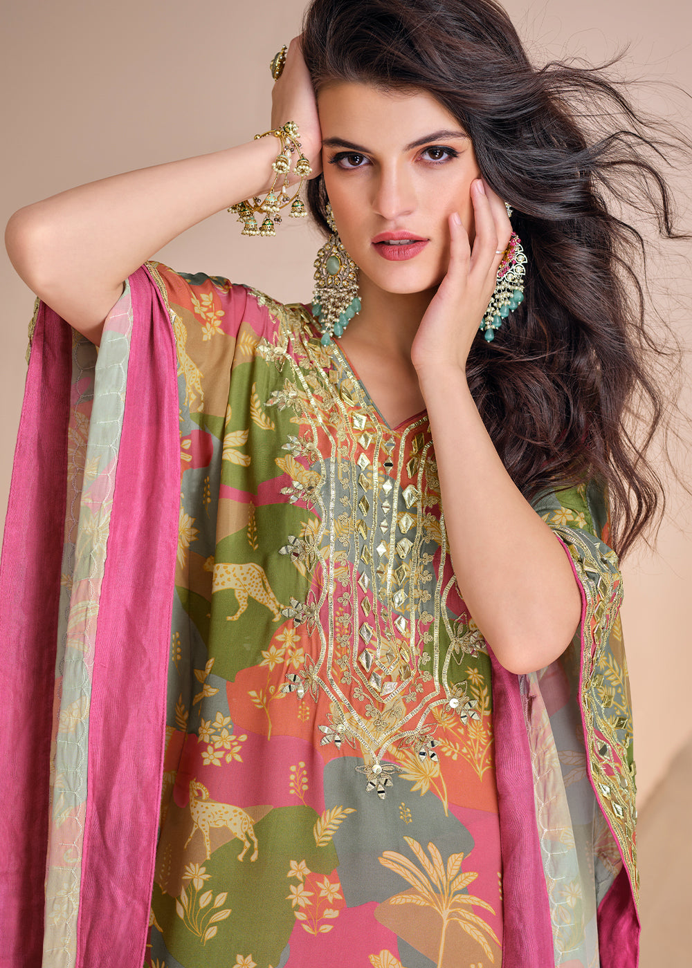 Pink & Green Floral Silk Kaftan Set with Hand Mirror work and Gota Patti Accents