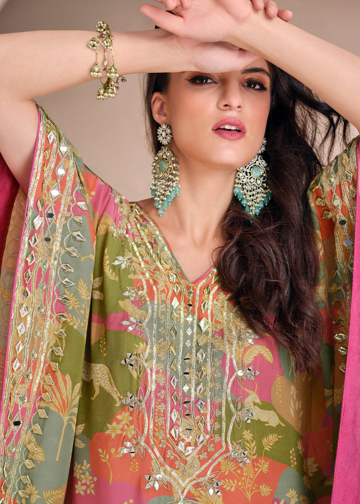 Pink & Green Floral Silk Kaftan Set with Hand Mirror work and Gota Patti Accents