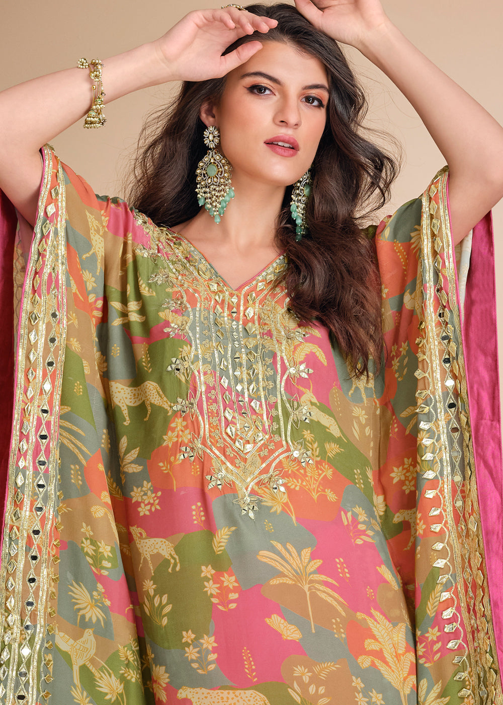 Pink & Green Floral Silk Kaftan Set with Hand Mirror work and Gota Patti Accents