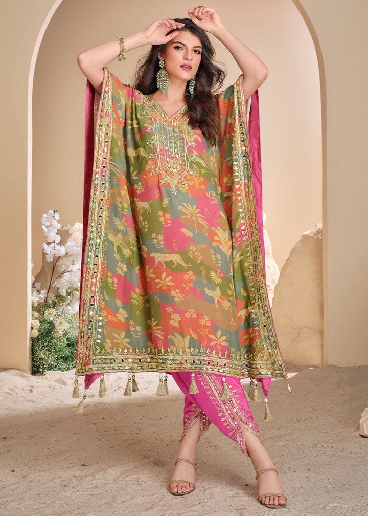 Pink & Green Floral Silk Kaftan Set with Hand Mirror work and Gota Patti Accents