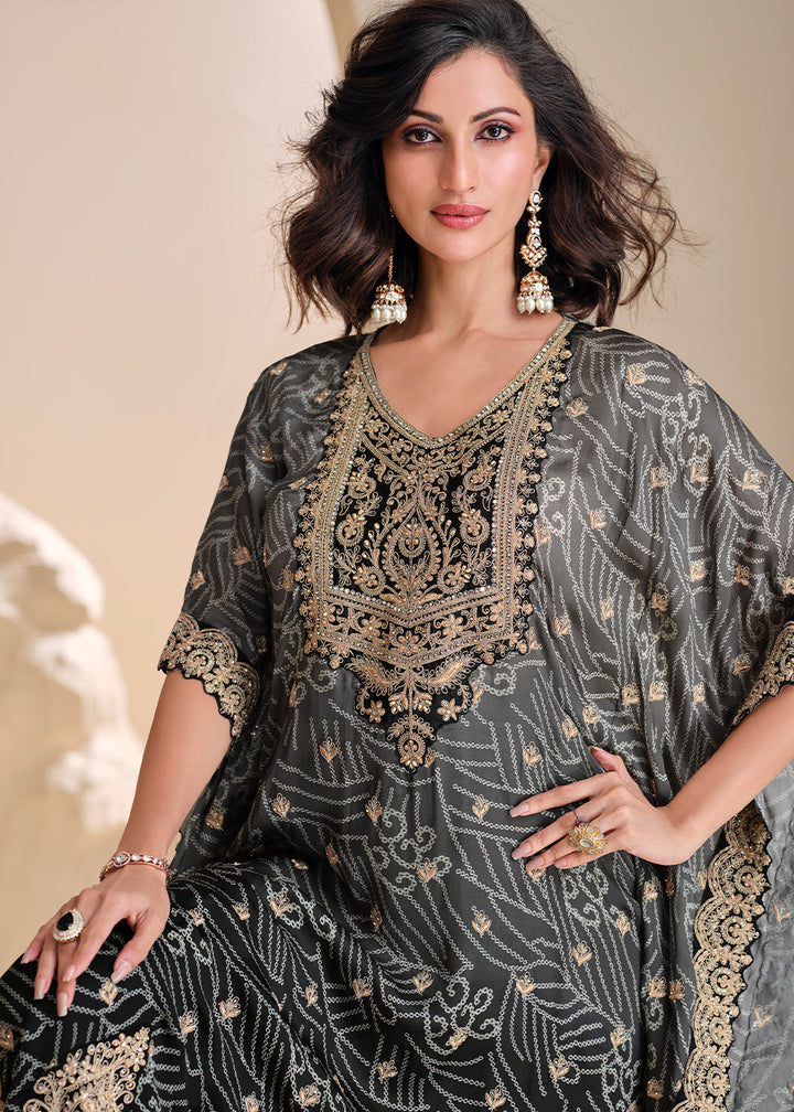 Shades Of Black Silk Kaftan Set with Hand Mirror work and Gota Patti Accents