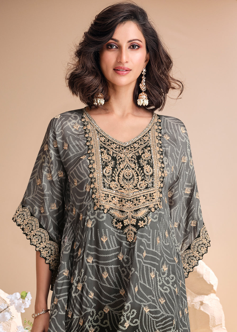 Shades Of Black Silk Kaftan Set with Hand Mirror work and Gota Patti Accents