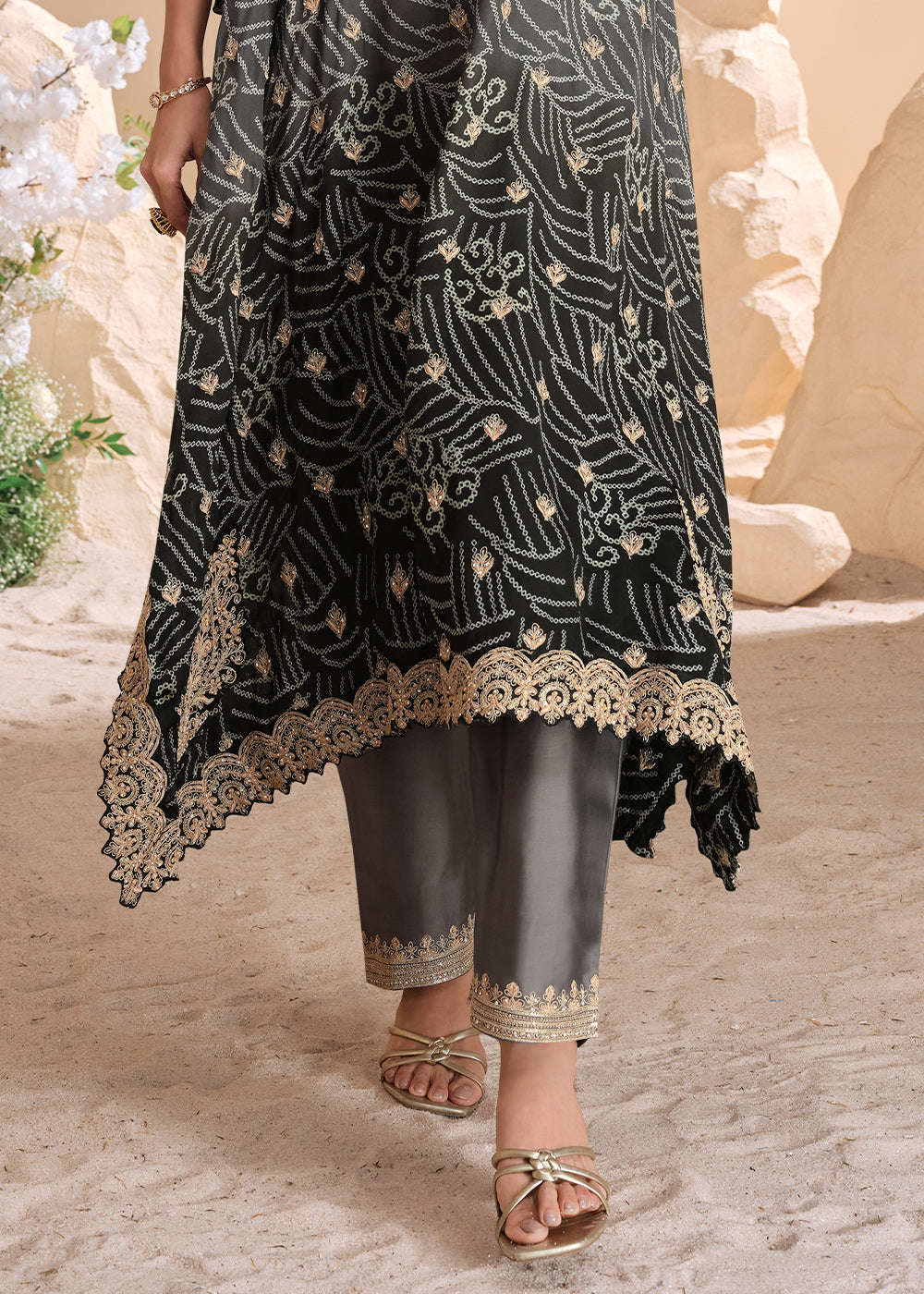 Shades Of Black Silk Kaftan Set with Hand Mirror work and Gota Patti Accents