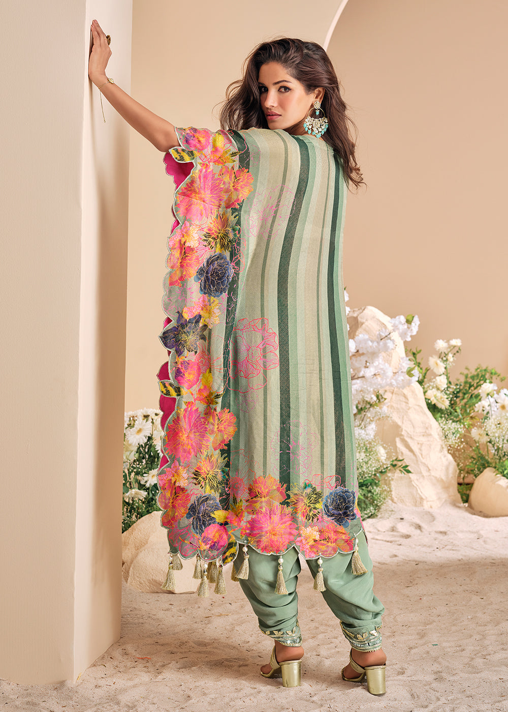 Light Green Silk Kaftan Set with Hand Mirror work and Gota Patti Accents