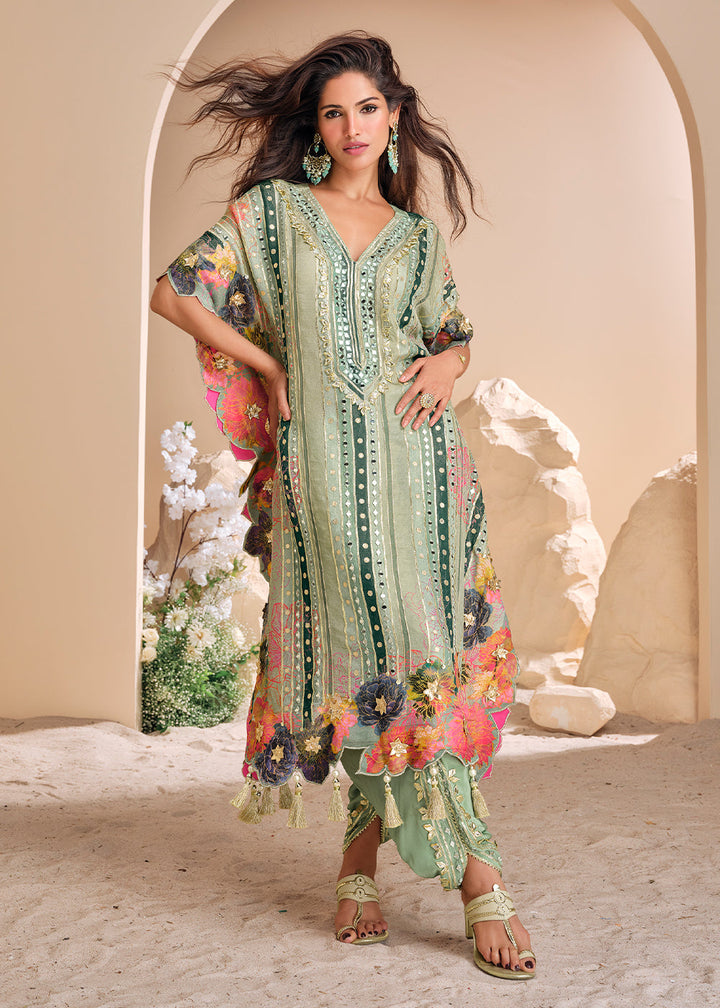 Light Green Silk Kaftan Set with Hand Mirror work and Gota Patti Accents