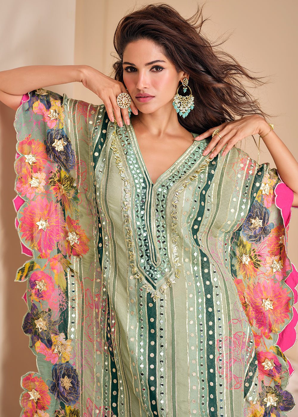 Light Green Silk Kaftan Set with Hand Mirror work and Gota Patti Accents