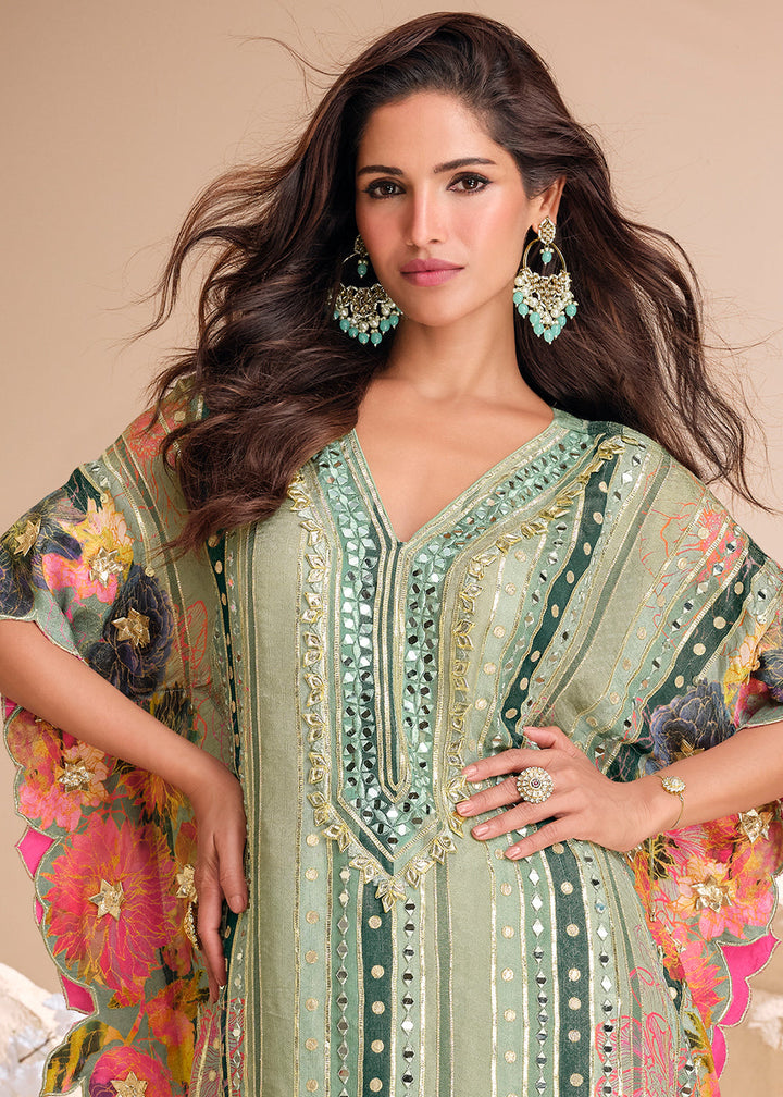 Light Green Silk Kaftan Set with Hand Mirror work and Gota Patti Accents