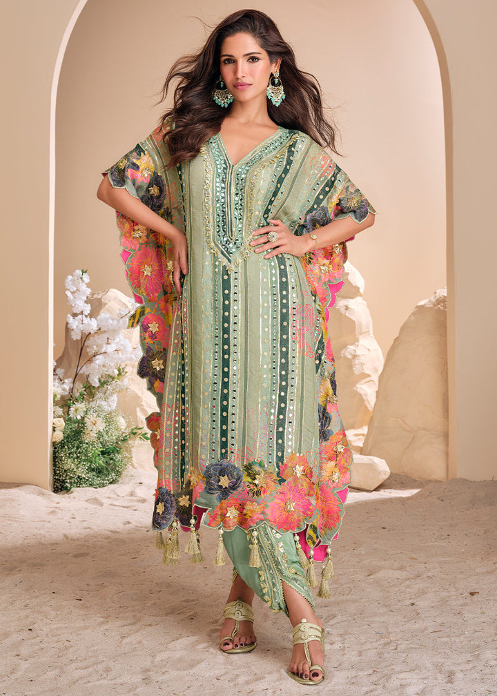 Light Green Silk Kaftan Set with Hand Mirror work and Gota Patti Accents