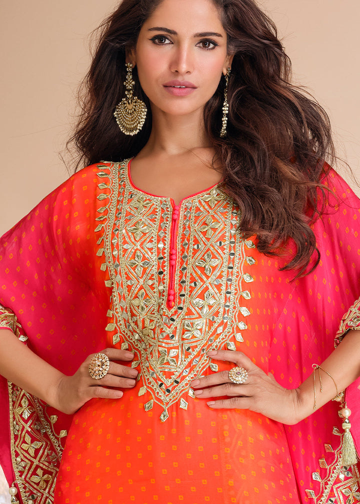 Orange & Pink Silk Kaftan Set with Hand Mirror work and Gota Patti Accents