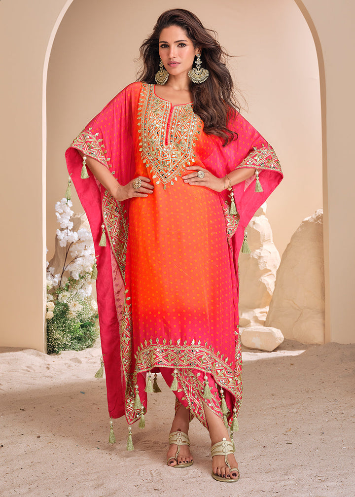 Orange & Pink Silk Kaftan Set with Hand Mirror work and Gota Patti Accents