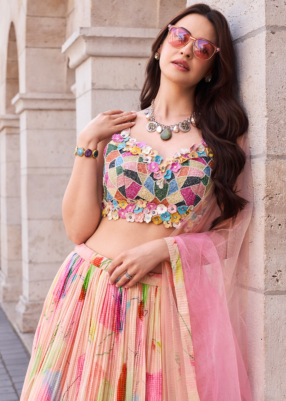 Shades of Pink Lehenga in Chinon Silk with Embroidered Blouse