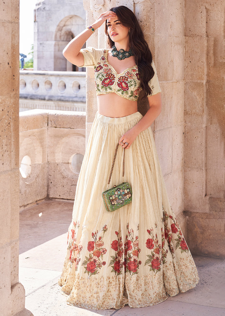Cream White Lehenga in Chinon Silk with Embroidered Blouse
