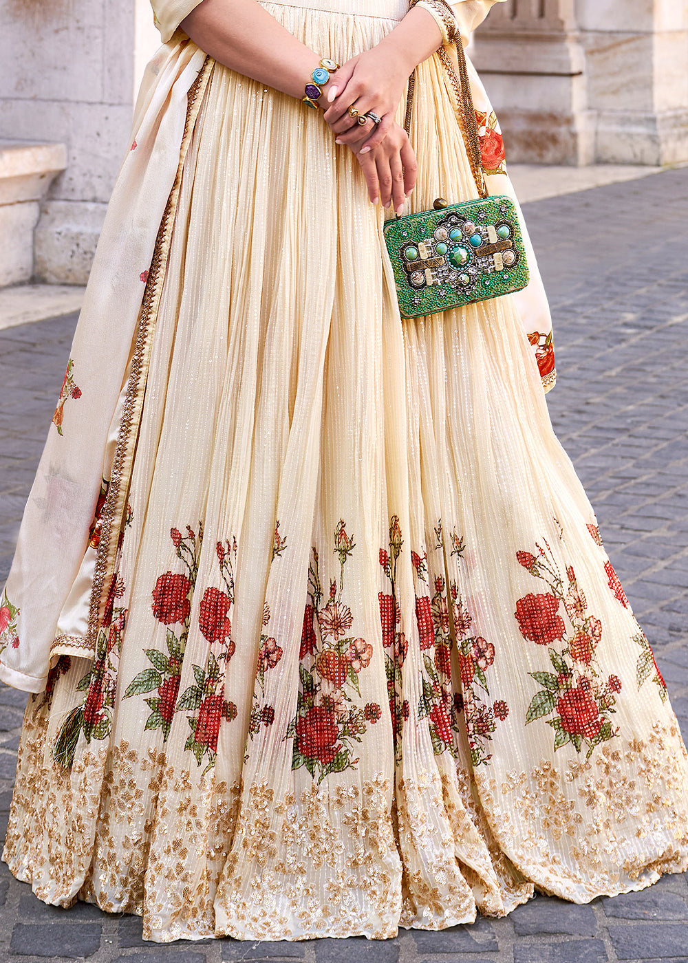 Cream White Lehenga in Chinon Silk with Embroidered Blouse
