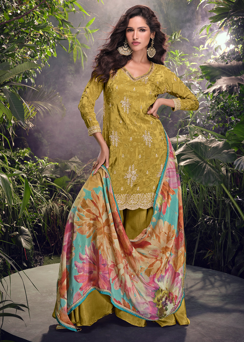 Moss Green Chinon Silk Palazzo Suit with Digitally Printed Floral Dupatta