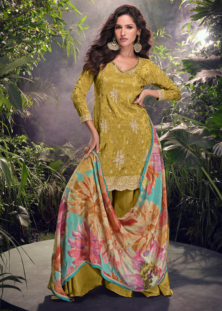 Moss Green Chinon Silk Palazzo Suit with Digitally Printed Floral Dupatta