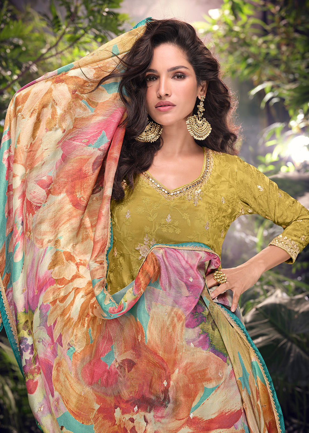 Moss Green Chinon Silk Palazzo Suit with Digitally Printed Floral Dupatta