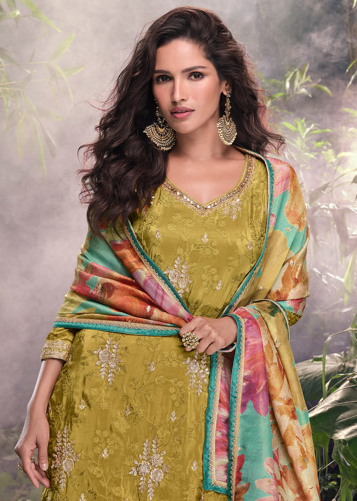 Moss Green Chinon Silk Palazzo Suit with Digitally Printed Floral Dupatta