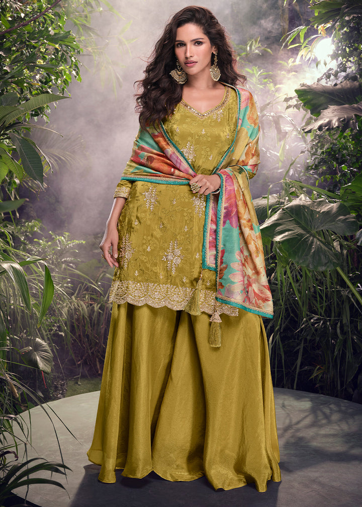 Moss Green Chinon Silk Palazzo Suit with Digitally Printed Floral Dupatta