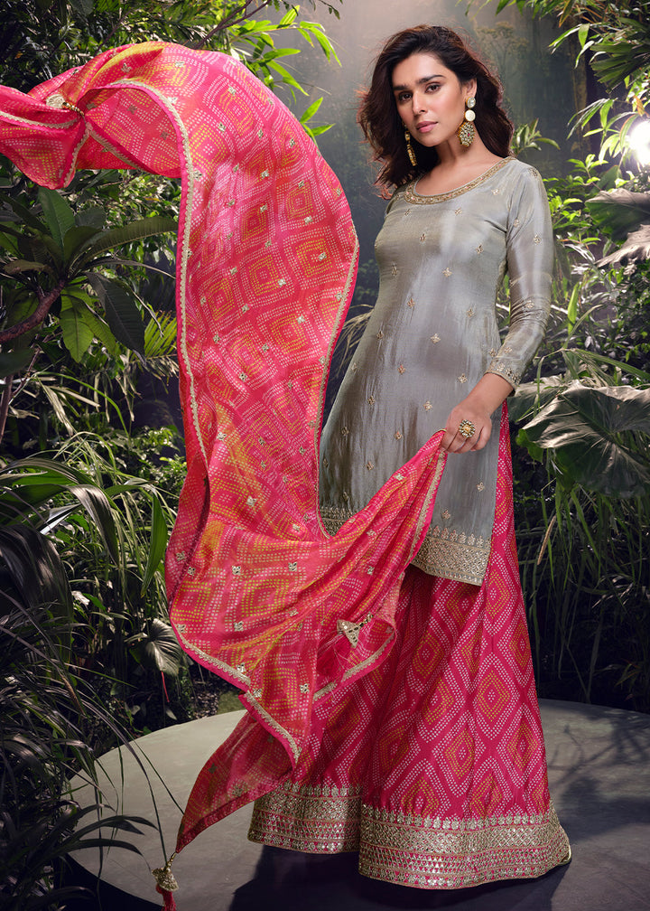 Grey & Pink Chinon Silk Palazzo Suit with Digitally Printed Floral Dupatta