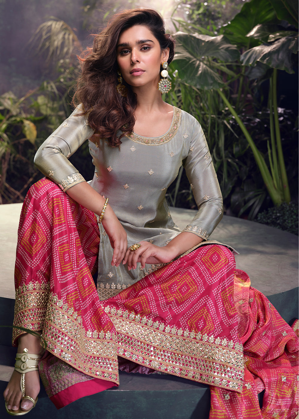 Grey & Pink Chinon Silk Palazzo Suit with Digitally Printed Floral Dupatta