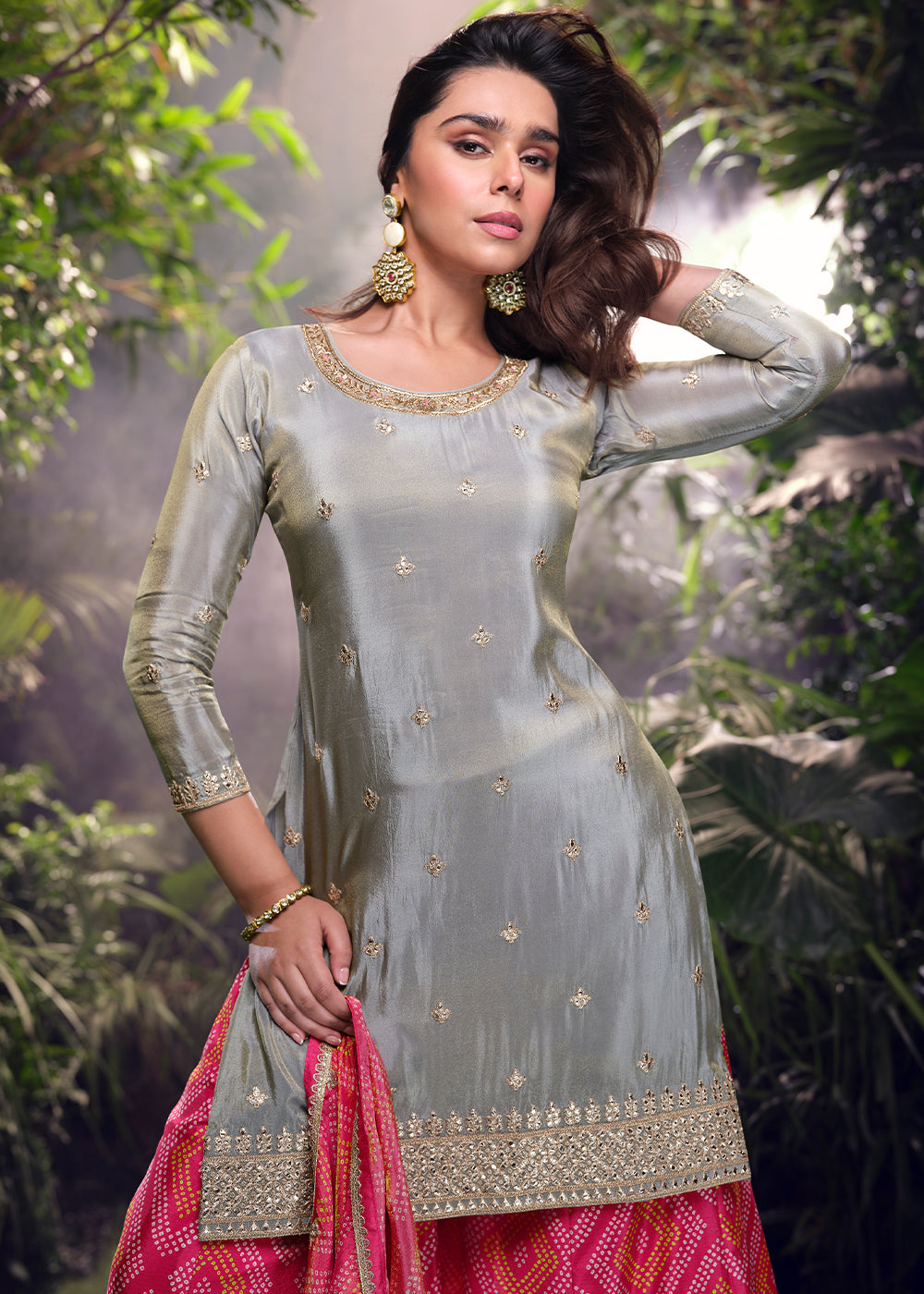 Grey & Pink Chinon Silk Palazzo Suit with Digitally Printed Floral Dupatta