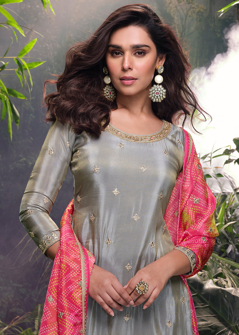 Grey & Pink Chinon Silk Palazzo Suit with Digitally Printed Floral Dupatta