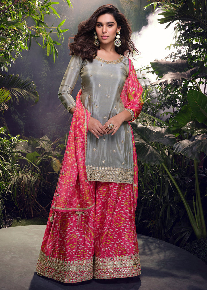 Grey & Pink Chinon Silk Palazzo Suit with Digitally Printed Floral Dupatta