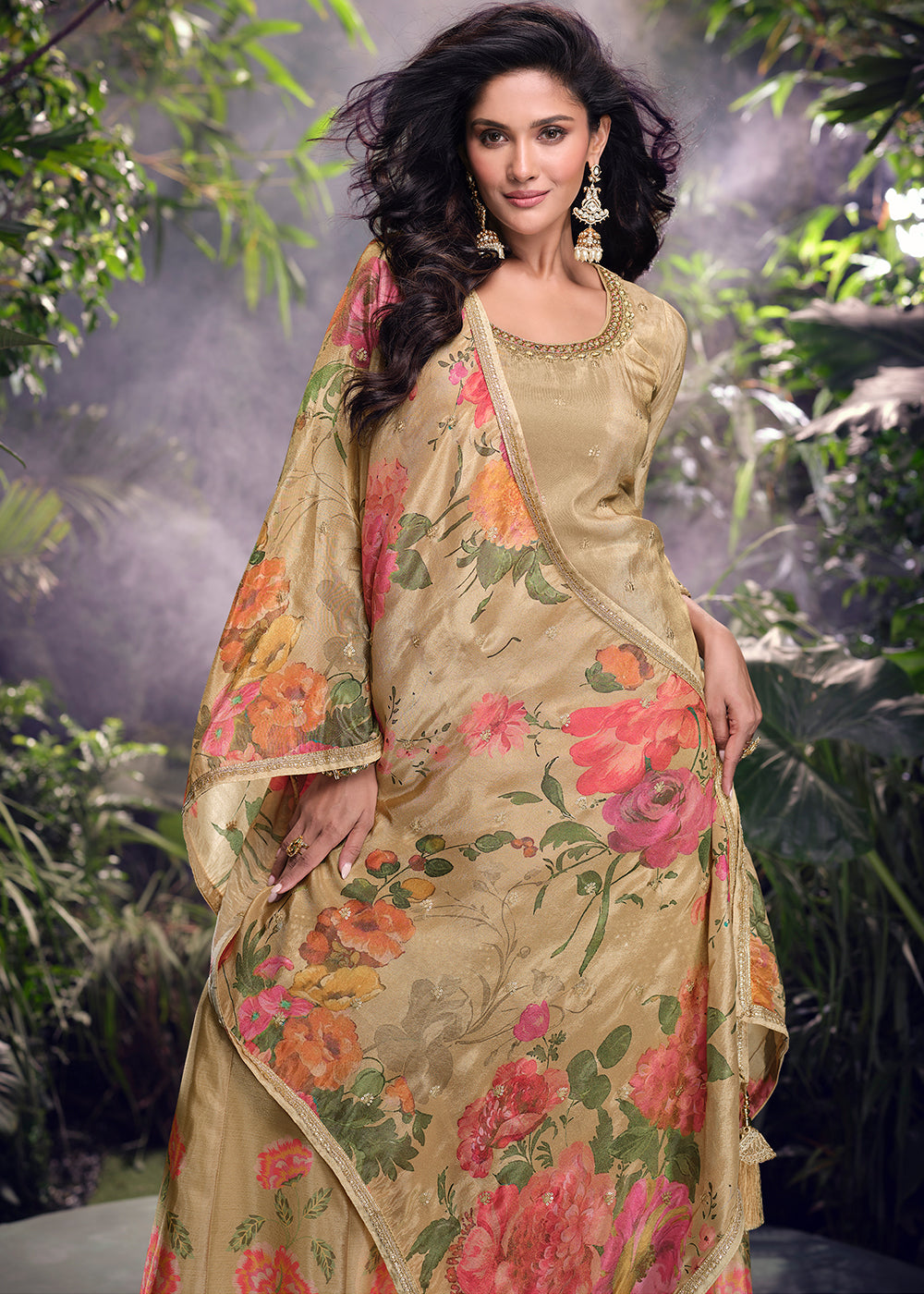 Shades Of Brown Chinon Silk Palazzo Suit with Digitally Printed Floral Dupatta