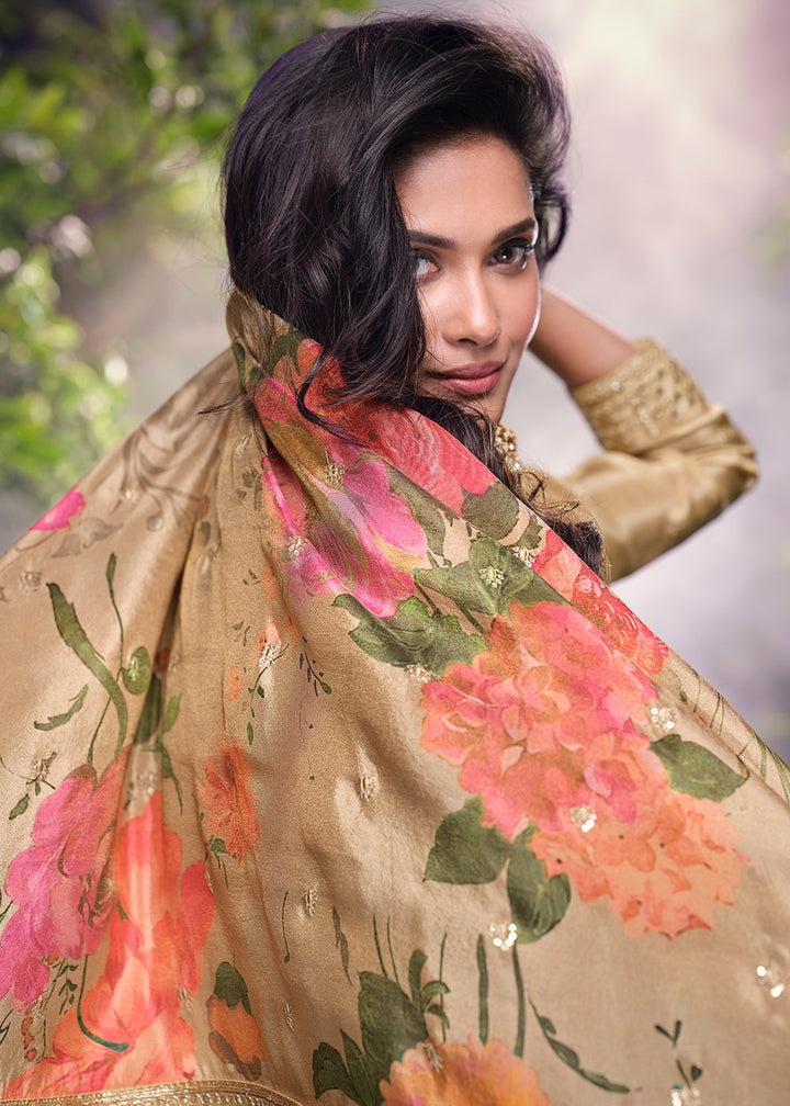 Shades Of Brown Chinon Silk Palazzo Suit with Digitally Printed Floral Dupatta