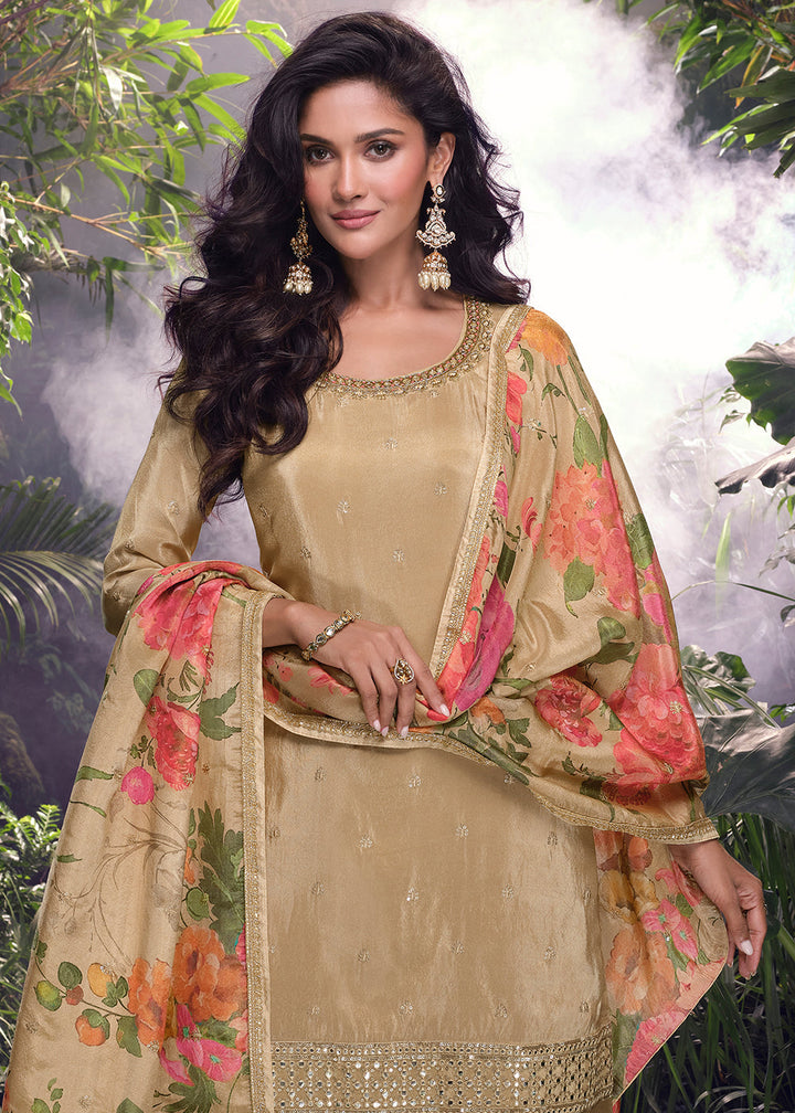 Shades Of Brown Chinon Silk Palazzo Suit with Digitally Printed Floral Dupatta