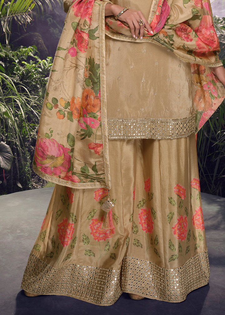 Shades Of Brown Chinon Silk Palazzo Suit with Digitally Printed Floral Dupatta