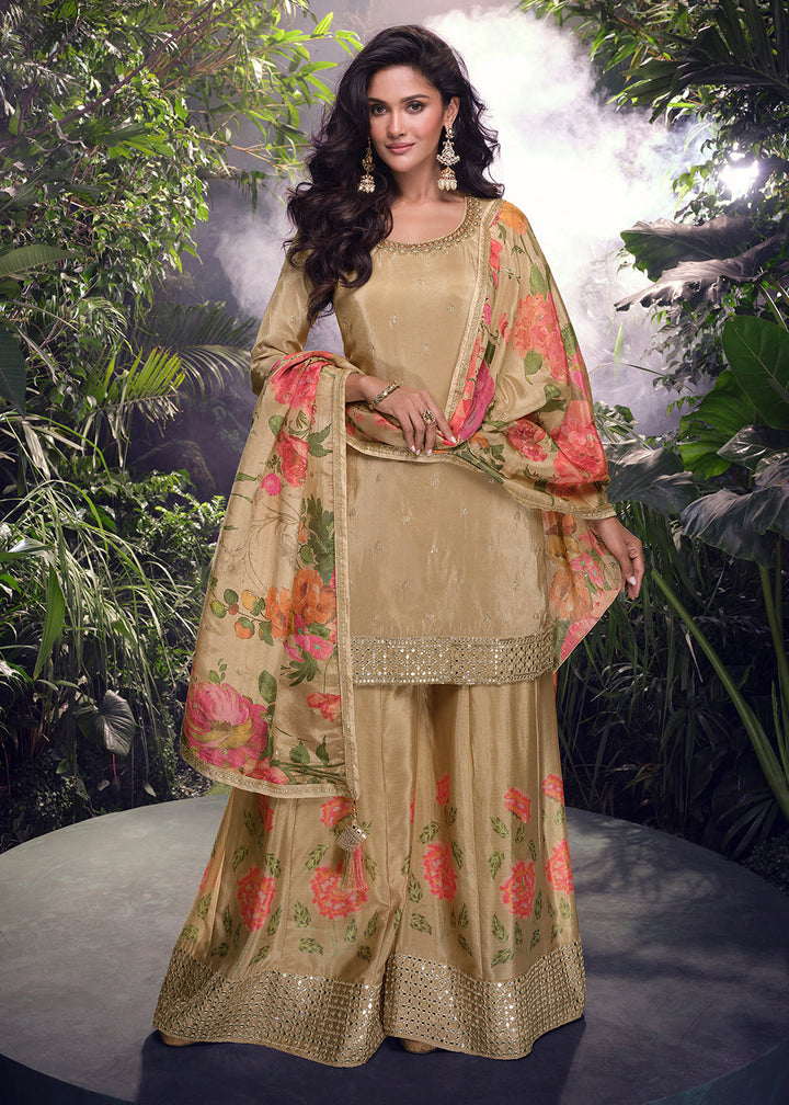 Shades Of Brown Chinon Silk Palazzo Suit with Digitally Printed Floral Dupatta