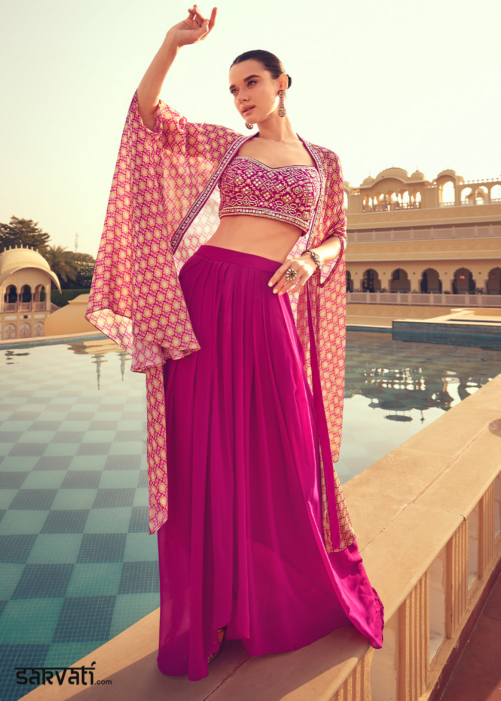 Shades of Pink Chinon Silk Top & Skirt Set with Dupatta